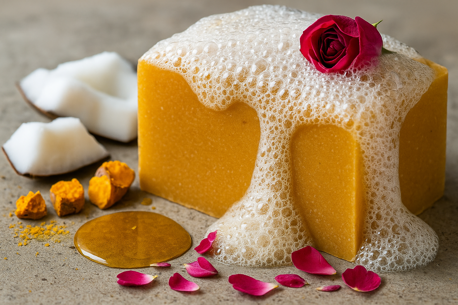 Jabón amarillo con rosa, coco y espuma